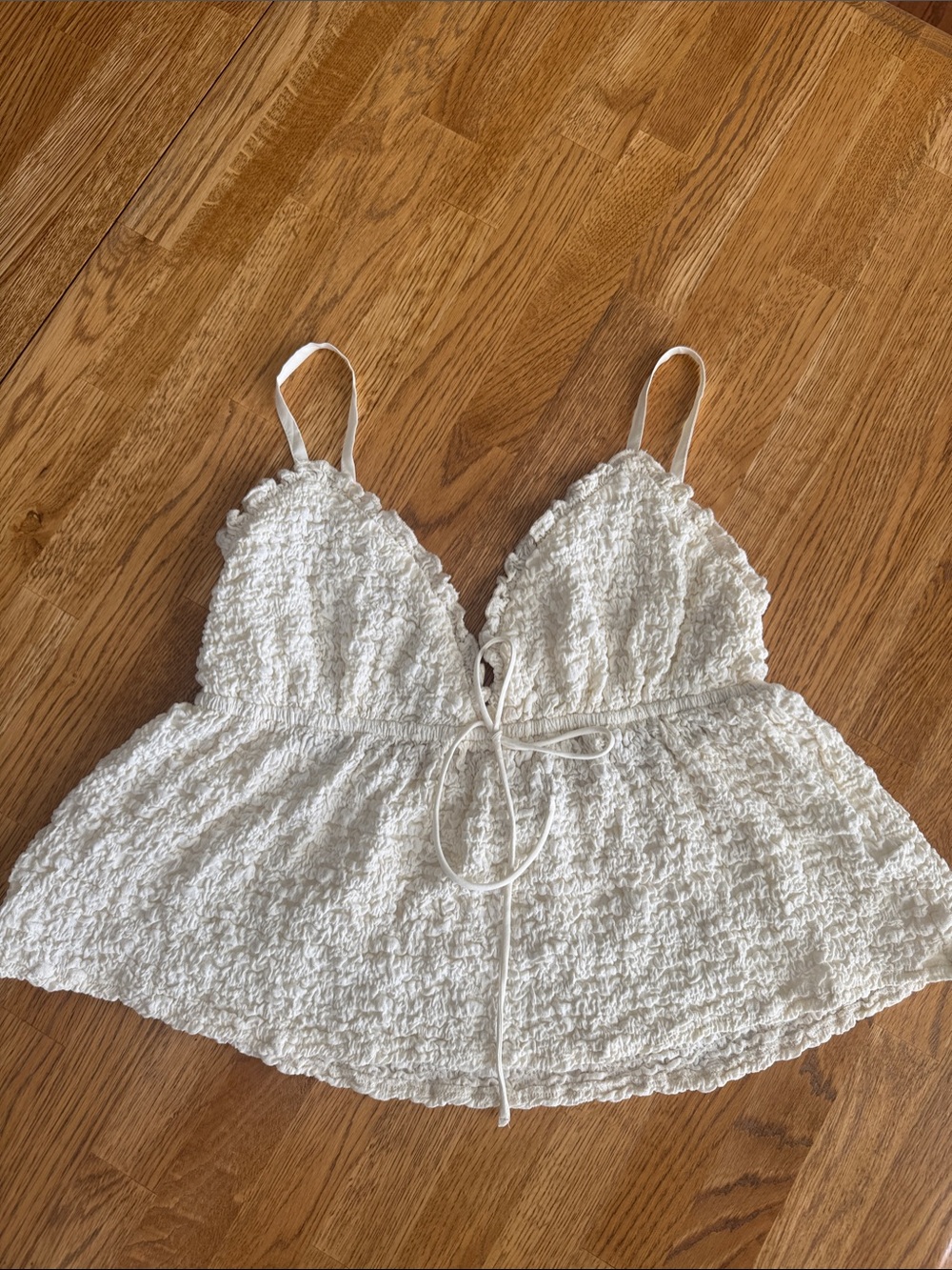 Princess Polly Cream Textured Tie-Front Cropped Cami